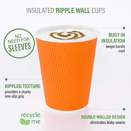 Miniatura 4 de Restaurantware Tazas de café desechables de pared ondulada de 16 onzas, 500 vasos de papel naranja aislados, diseño de borde enrollado, las tapas se