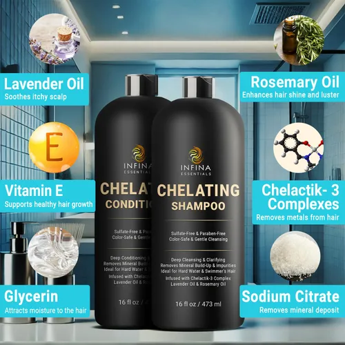 Miniatura 2 de INFINA ESSENTIALS Champú y acondicionador clarificante quelante para eliminación de agua dura y cloro 16 onzas líquidas Champú desintoxicante