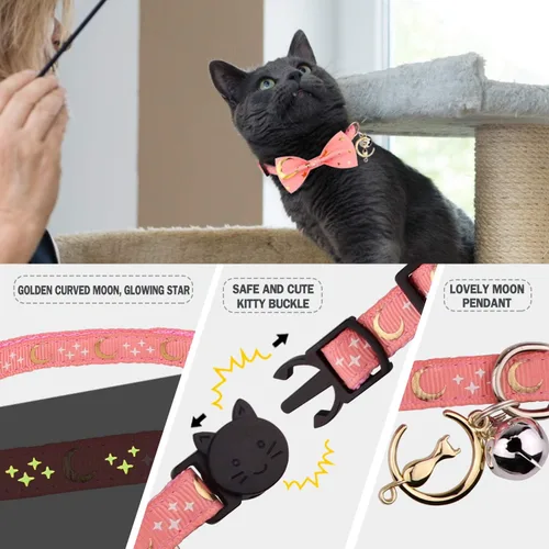 Miniatura 4 de 2 collares de gato con pajarita y campana, luna dorada y estrella brillante en la oscuridad para gatito (negro y rosa)