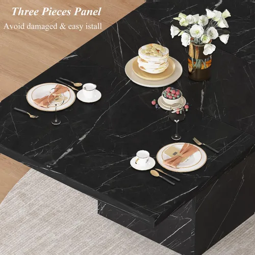 Miniatura 5 de HSH Mesa de comedor de 55 pulgadas para 4, moderna mesa de comedor de mármol sintético negro, mesa de cocina rectangular con pedestal resistente