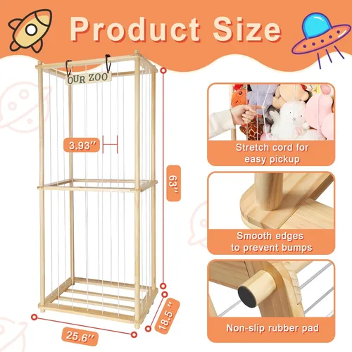 Miniatura 3 de Estante organizador grande de peluche de 63 pulgadas para niños, estante organizador de almacenamiento de felpa de madera con cordón elástico