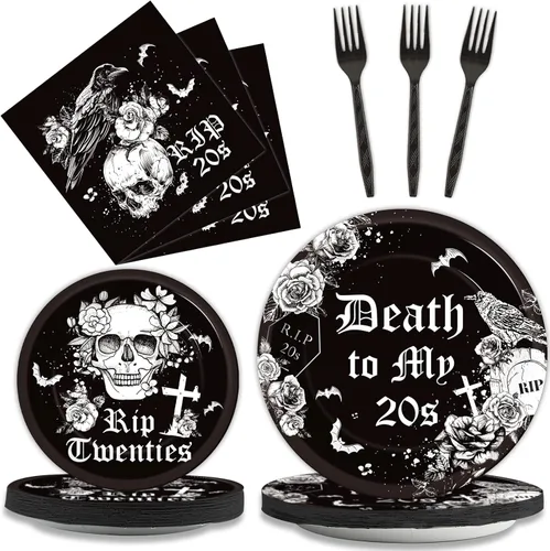 gisgfim Juego de vajilla para fiesta de cumpleaños número 30 para 24 invitados, muerte a mis veinte años, platos de papel, servilletas desechables