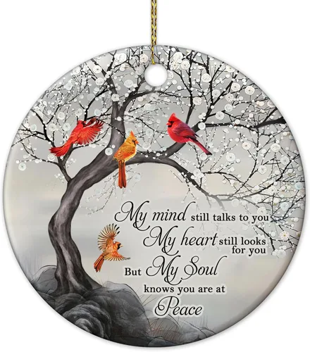 HYTURTLE My Mind Still Talks to You - Adorno de Cerámica Círculo Cardenal - Adorno Navideño Conmemorativo Regalos por la Pérdida de un Ser Querido