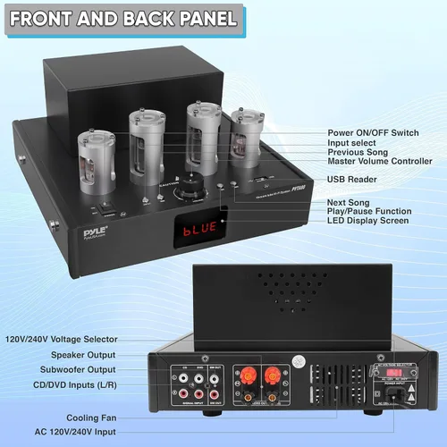 Miniatura 2 de Pyle Receptor Amplificador Bluetooth de Tubo - 500W Amplificador de Potencia de Tubo al Vacío Hi-Fi para Teatro en Casa Audio de Escritorio Estéreo