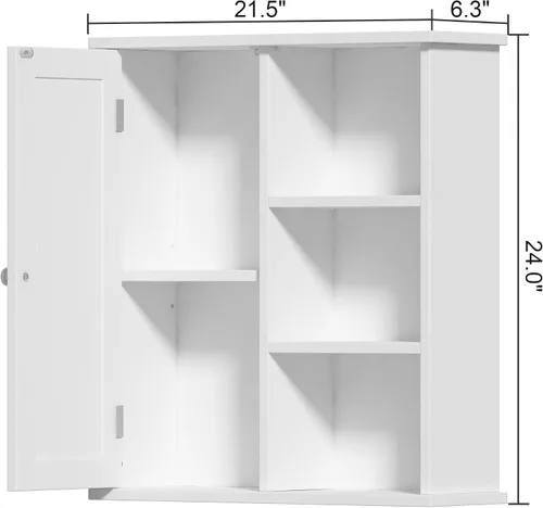Miniatura 3 de Treocho Armario de pared de baño, botiquín con puerta y 3 estantes abiertos, organizador de almacenamiento montado en la pared para baño, cocina