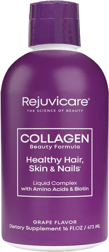 Rejuvicare Fórmula de belleza de colágeno líquido con aminoácidos, proteínas y biotina, delicioso sabor a uva, morado 16 onzas, 32 porciones
