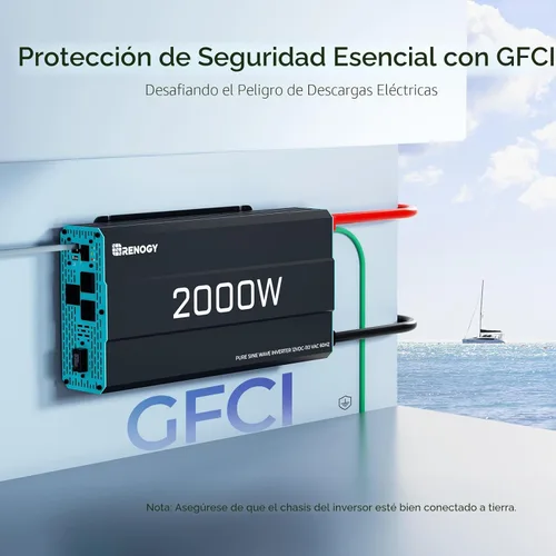 Miniatura 5 de Renogy Inversor P2 de onda sinusoidal pura de 2000W, convertidor de 12V CC a 110V CA, inversores de energía solar fuera de la red para vehículos