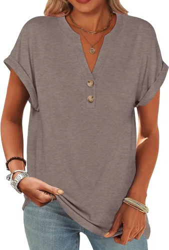 Miniatura 7 de ANRABESS - Camisetas Henley de manga corta para mujer, cuello en V, elegantes, estilo informal, de corte suelto; blusas fluidas de verano, ropa