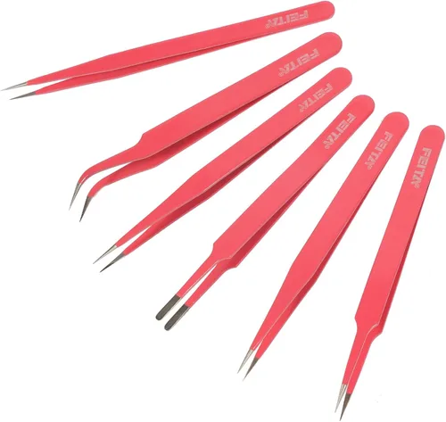 FEITA Juego de pinzas rosadas de precisión para manualidades, puntas de acero inoxidable mejoradas, curvas, falt Twizers para manualidades, cuentas,