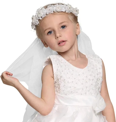 Miniatura 3 de Bienvenu Primera Comunión Flor Niña Arco Bordado Velo De Boda Dos Capas, Blanco