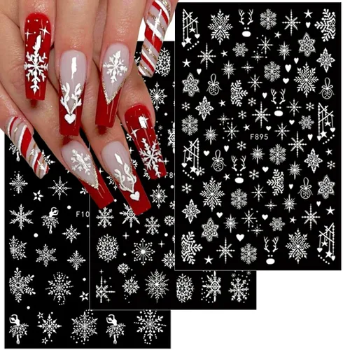Miniatura 2 de 10 hojas de calcomanías de uñas de Navidad 3D con copo de nieve - Diseño de purpurina autoadhesiva blanca, decoraciones de invierno para Navidad