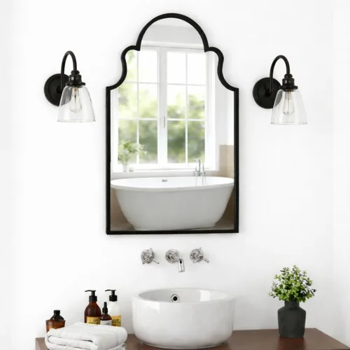 Miniatura 3 de Espejo de baño negro de 36 x 22 pulgadas, espejo de tocador de baño arqueado para pared con marco de metal, antioxidante, espejo decorativo de arco