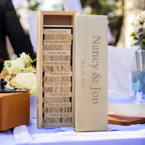 Miniatura 6 de WE Games Alternativa de libro de invitados de boda personalizado, caja de recuerdos de madera, 54 bloques, grabado personalizado