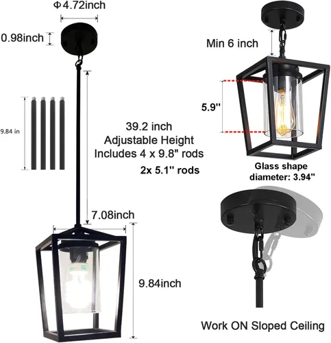 Miniatura 3 de SGLfarmty Luces colgantes negras para isla de cocina, 1 luz moderna de granja, jaula de metal ajustable, lámpara colgante con pantalla de vidrio