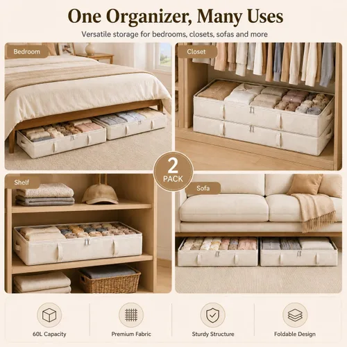 Miniatura 7 de Vailando Contenedores de almacenamiento para debajo de la cama, 6 pulgadas de alto y 60 litros debajo de la cama con asas resistentes y paredes