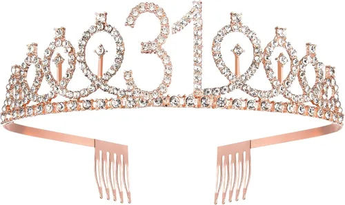 Miniatura 3 de BRT Bearingshui Tiara y banda de cumpleaños número 31 especialmente diseñadas, corona de oro rosa y fabuloso juego para mujer