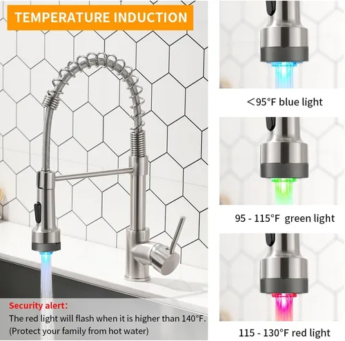Miniatura 2 de Grifo de cocina con rociador LED, grifo de fregadero de cocina de una sola manija con rociador extraíble, muelle y luz LED de níquel cepillado