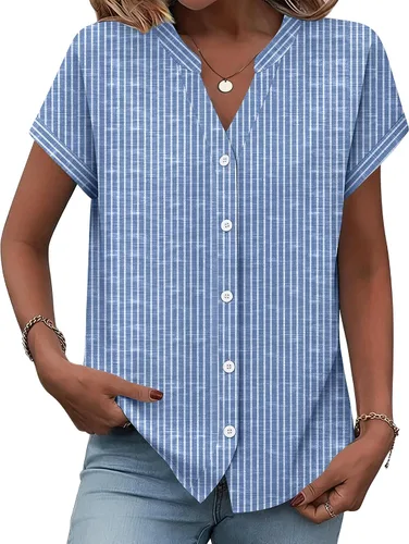 Miniatura 26 de Zeagoo Camisas con botones para mujer, camisetas de manga corta, cuello en V, blusas casuales de negocios