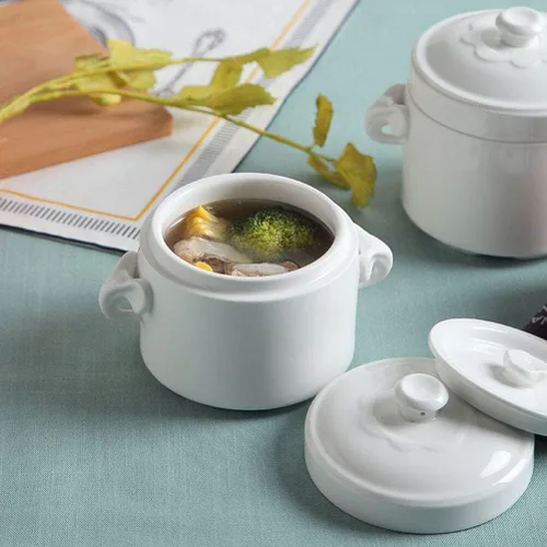 Miniatura 9 de Hemoton Olla de cerámica para estofado de 3.74 x 3.74 x 4.13 pulgadas, pequeña olla blanca con tapa para huevos al vapor, natillas de pájaros, nido