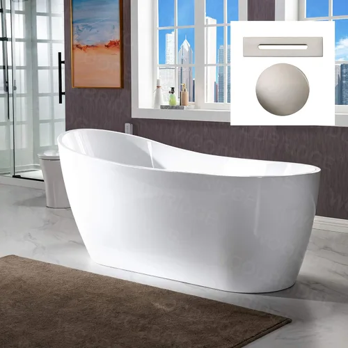 WOODBRIDGE Drenaje y desbordamiento de bañera de remojo acílico blanco independiente de 67 pulgadas, BTA1508-B/N-Drain &O, con secado de níquel
