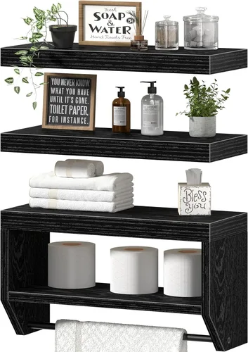 Estantes flotantes de baño QEEIG para pared - Estante sobre inodoro para almacenamiento de papel higiénico estilo granja 40.6 cm, juego de 3, negro