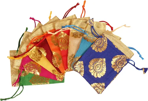 Miniatura 3 de Touchstone Bolsas de cordón tradicionales indias hechas a mano en tejido brocado con patrón de hojas de ficus. Perfecto para regalos, joyas, bodas