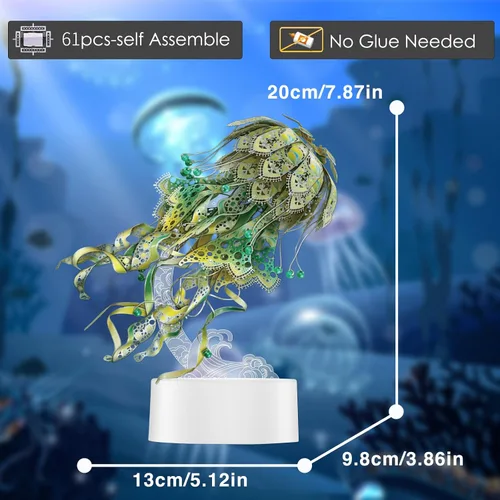 Miniatura 7 de Piececool Rompecabezas de metal 3D para adultos – Luz nocturna de medusas de organismo marino con enchufe USB, pasatiempos, manualidades, arte