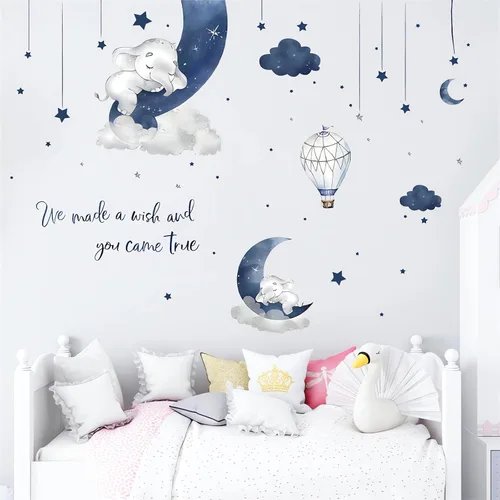 Miniatura 6 de Adhesivo de pared con elefante bebé durmiendo en azul grisáceo, sacinora - Adhesivo de pared con luna, estrella, nube y frase en inglés cálido