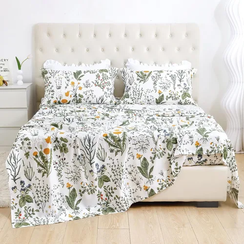 Miniatura 8 de Lady Ann Sábanas florales tamaño King 100% algodón, diseño de flores amarillas y hojas con estampado botánico de plantas, bolsillos profundos, ropa