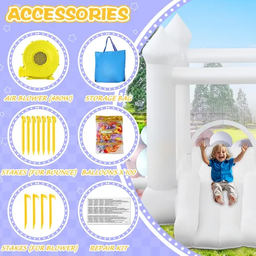 Miniatura 6 de Casa Inflable Blanca para Niños de 3-8, Casa Inflable Grande con Soplador de Aire Tobogán Piscina de Pelotas Saltando 100 Pelotas, Castillo Inflable
