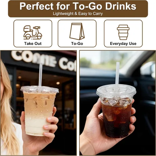 Miniatura 3 de Paquete de 100 vasos de plástico transparente de 16 onzas con tapas y pajitas, vasos desechables para café helado, a prueba de fugas, vasos de PET