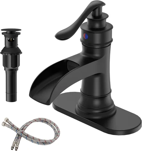 Miniatura 10 de BWE - Grifo de baño de cascada de una manija, cromado y dorado, para tocador con tapón de drenaje emergente con rebosadero, de un agujero, palanca