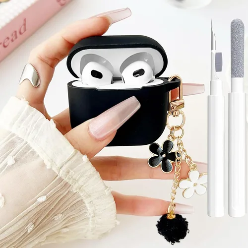 Miniatura 11 de Bonita funda negra para Airpods de 2ª/1ª generación para niñas y mujeres, con llavero de pompón de flores y kit de limpieza, funda protectora tipo