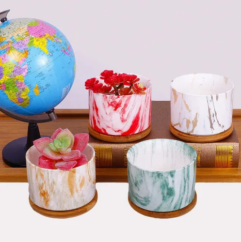 Miniatura 4 de 4 macetas de cerámica para suculentas estilo marmoleado de 4 pulgadas con bandejas de bambú (coloridas)