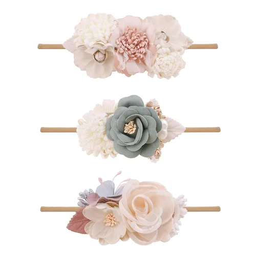 Miniatura 17 de cherrboll 3 diademas de flores para bebé, súper suaves y elásticas, de nailon, para recién nacidas Rosa (Rose Bloom)