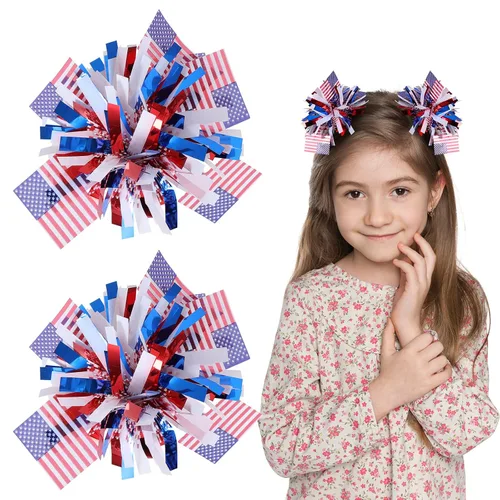 Miniatura 13 de Pinzas patrióticas para el 4 de julio para niñas y mujeres, con lazo metálico para animadora, con purpurina, rojo, blanco y azul, accesorios