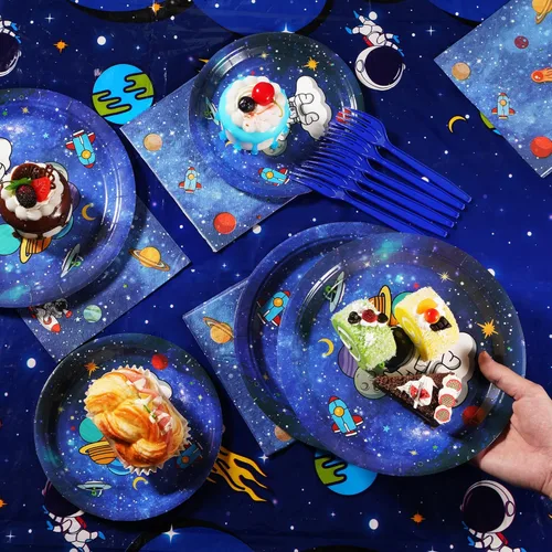 Miniatura 4 de SCIONE Juego de 96 piezas de decoración de fiesta de cumpleaños temática espacial para 24 invitados, incluye 24 platos de 9 pulgadas, 24 platos de 7