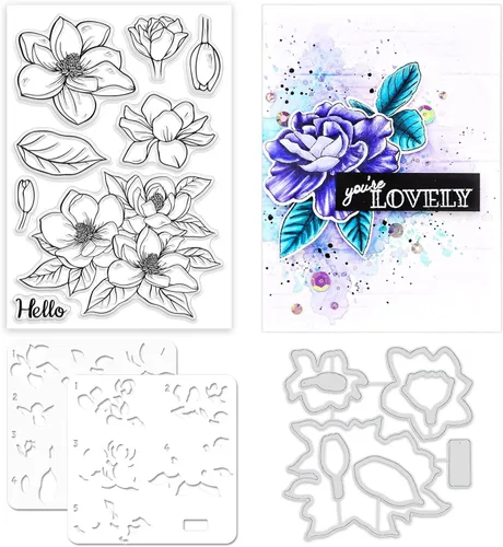 ORIGACH Sellos realistas de flores de magnolia y troquel y plantilla de capas para colorear paquete para hacer tarjetas álbumes artes y manualidades