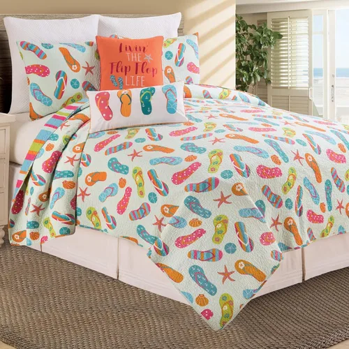 C&F Home Flip Flop Life - Juego de edredón de 2 piezas, 100% algodón, tamaño individual, para uso diario, costero, tropical, playa, casa,