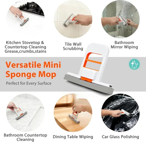 Miniatura 6 de Mini trapeador autoexprimible, fregona de esponja pequeña naranja, sistema de limpieza de uso húmedo y seco, trapeador de escritorio plegable, mango