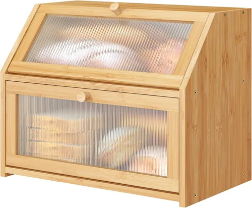 Miniatura 8 de Caja de pan extra grande negra para mostrador de cocina, caja de pan de bambú de doble capa grande, capacidad de almacenamiento de pan de madera