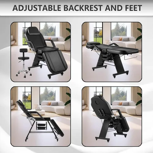 Miniatura 8 de Silla de tatuaje para cliente, silla facial con ruedas, cama de tatuaje ajustable de 73 pulgadas para mesa de masaje de artista, con taburete, cama