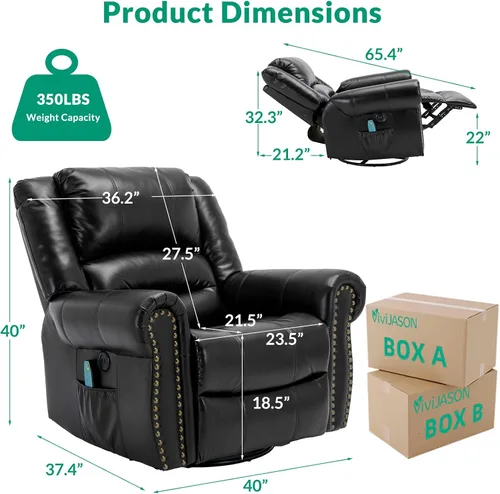 Miniatura 2 de VIVIJASON Silla reclinable giratoria de masaje con calor y vibración, silla reclinable manual giratoria de 360° con control remoto, bolsillos