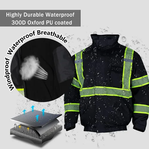Miniatura 5 de VENDACE Chaquetas de Invierno Reflectantes de Alta Visibilidad Hi Vis para Hombres Forro Polar ANSI Clase 1 Negro (Negro, 3XL)