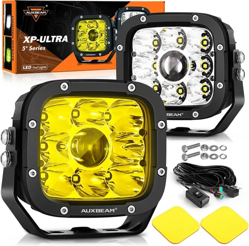 Auxbeam Pods LED de 5 Pulgadas, Serie XP-Ultra Luz de Conducción Todoterreno 110W Super Foco Barra de Luz Cubo con Cubierta Ámbar, Luces Antiniebla
