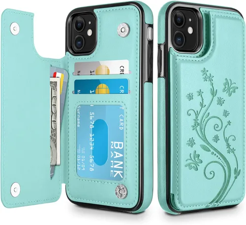 Miniatura 13 de HianDier Funda tipo cartera para iPhone 11 de 6.1 pulgadas, funda protectora delgada con ranura para tarjeta de crédito, funda con cierre magnético
