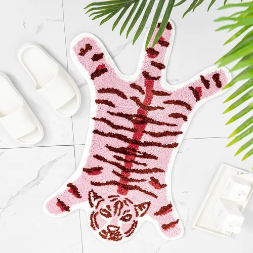 Miniatura 10 de Alfombra de baño con forma de tigre marrón lindo para baño, antideslizante, absorbente, decoración de animales de dibujos animados, alfombra
