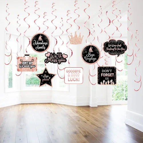 Miniatura 7 de Kit de suministros de decoración de fiesta de despedida de oro rosa, pancarta con texto en inglés "Will Miss You", decoración de remolinos colgantes