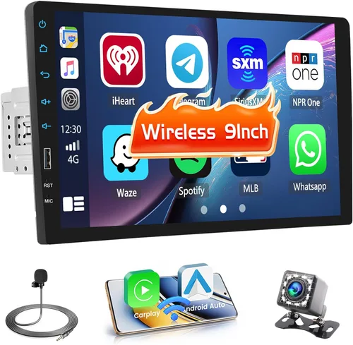 Hikity Estéreo inalámbrico de 9 pulgadas para Apple Carplay inalámbrico Android Auto, pantalla táctil, radio AM/FM, receptor de audio para automóvil