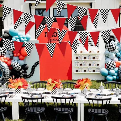 Miniatura 5 de Decoraciones de fiesta de coche de carreras de 33 pies, bandera triangular de carreras, banderines temáticos de carreras, decoraciones de fiesta